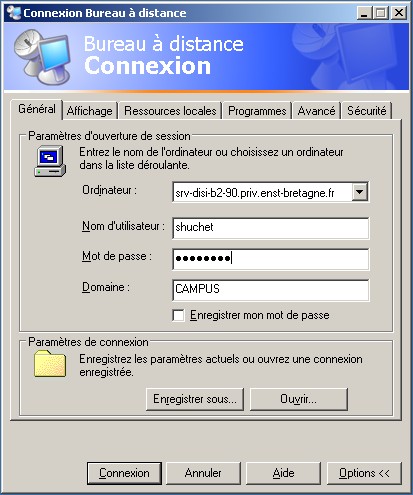 Création d’une connexion bureau à distance (RDP) sur le serveur, à partir de Windows.