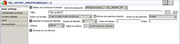 Configuration du composant SQL_SERVER_DW.