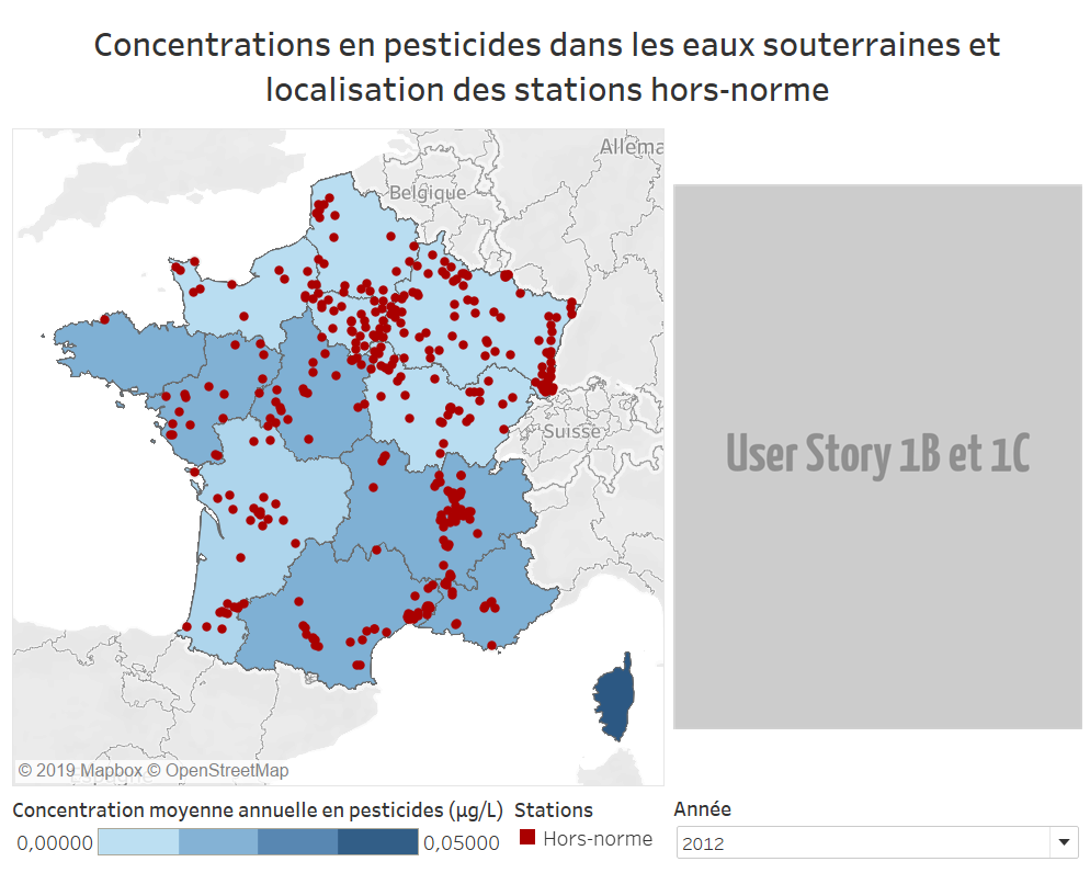 Tableau de bord de la concentration en pesticides dans les eaux souterraines et localisation des stations hors-norme